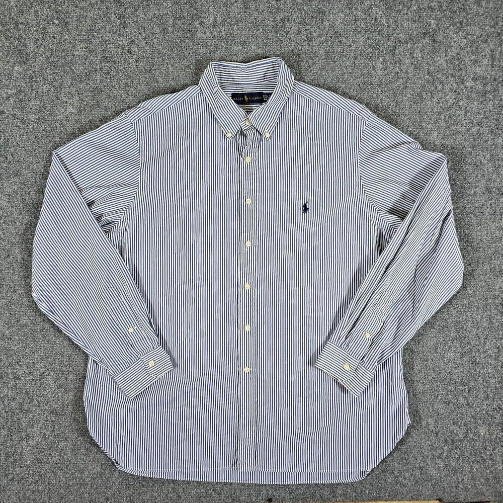 Ralph Lauren Button Up Striped Dress Shirt Blue Men's Size 17 1/2"- 44‎ Preppy